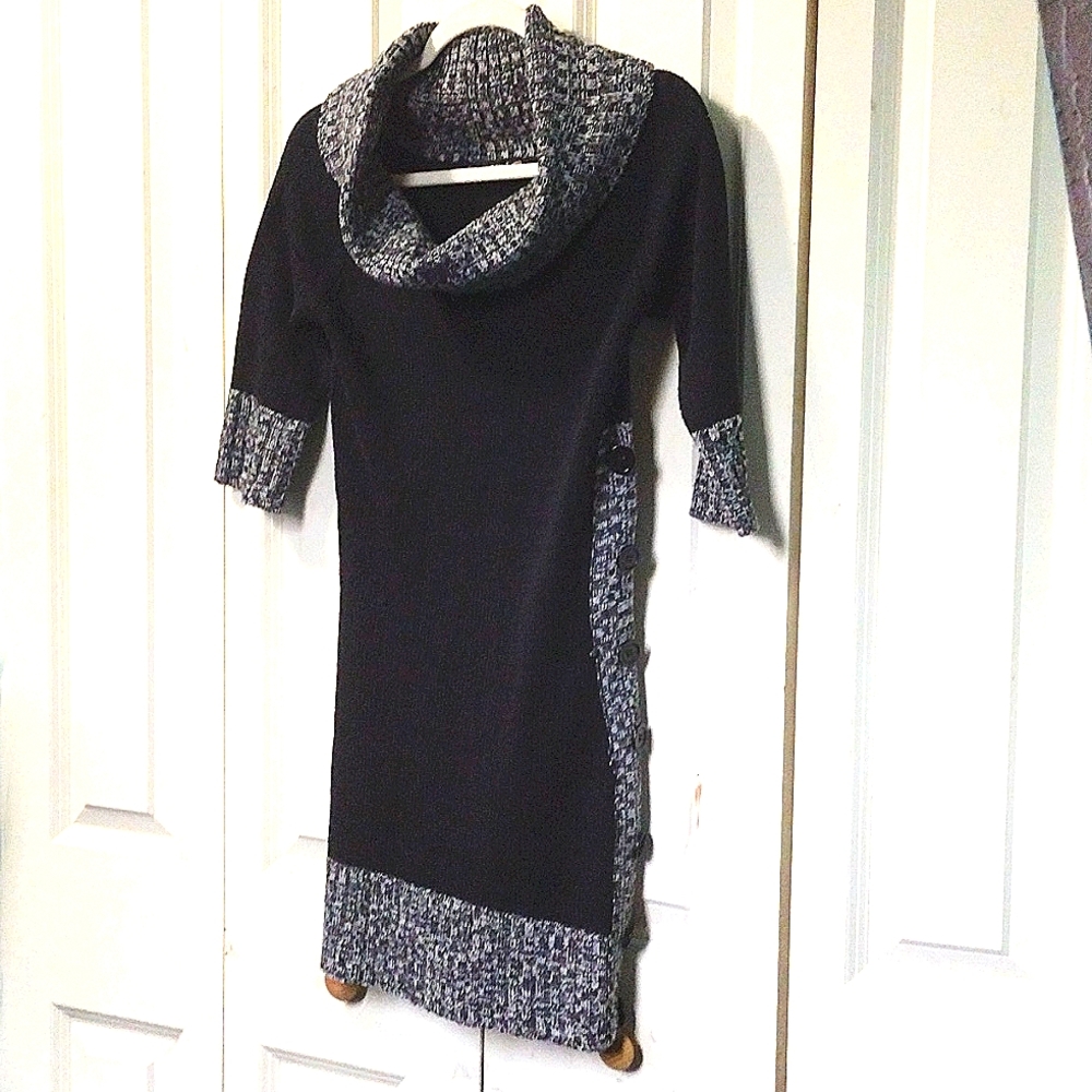 ROCK Women's Cowel Neck Sweater Dress Blk/Get 3/4 Sleeves Buttons on Side Size L